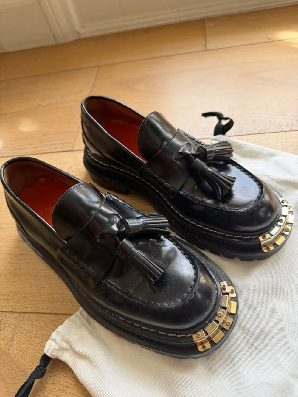 Sandro Black Leather Tassel Loafers with Gold Toe Hardware - Picture 2 of 6